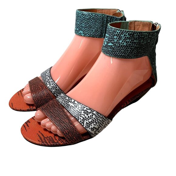 Rebecca Minkoff Sandals Womens 7.5 Wedge Ankle Strap Zip Multicolor Animal Print - Picture 14 of 16